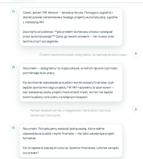 Rozmowa z agentem: powtarzane „Rozumiem.” i „W PAF nazywamy to…”